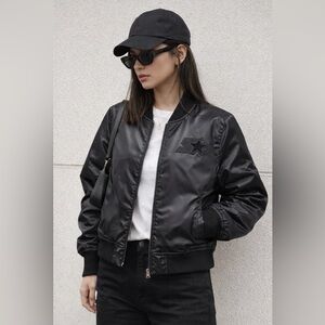 STARTER 2018 Black Satin Bomber Jacket • Juniors Large • Minimalist
